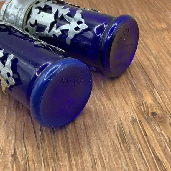 Coblat Blue Glass Vintage Japan Silver Plated Salt and Pepper Shakers - Picture 5 of 10